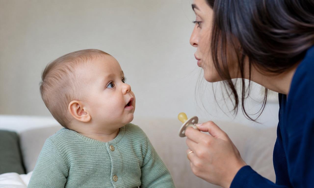 Neonato di sei mesi osserva il genitore parlare mentre il ciuccio è tolto.