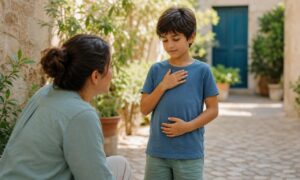 Bambino ascolta le proprie sensazioni mentre un genitore gli resta vicino.