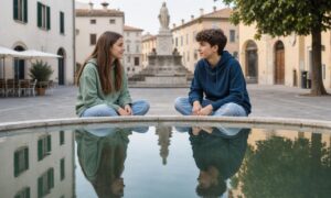 Due adolescenti si ascoltano accanto a una fontana, con i riflessi uniti nell’acqua.