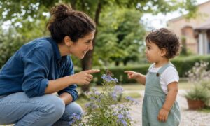 Un genitore parla direttamente al bambino, che ascolta e indica una farfalla.