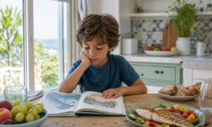 Bambino legge accanto a un pasto sano con verdure, frutta, cereali e pesce.