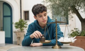 Un adolescente osserva una bilancia dove un piccolo peso scuro supera molte piume.