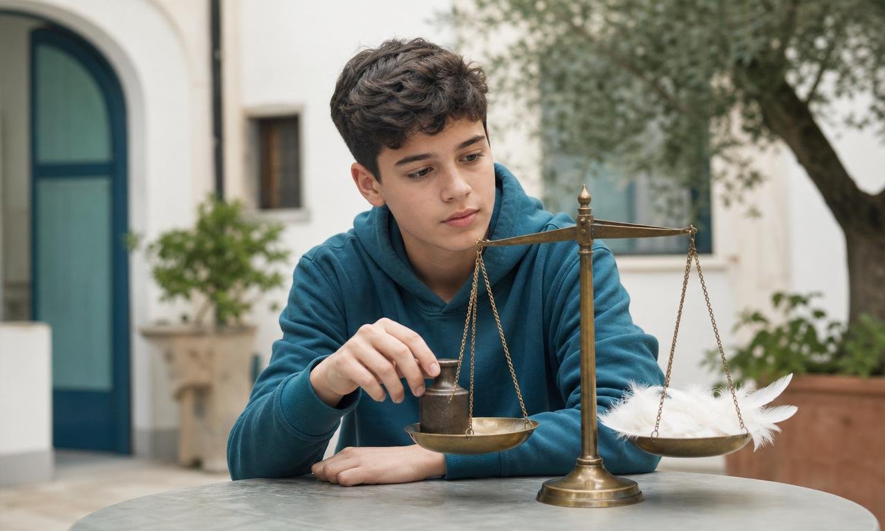 Un adolescente osserva una bilancia dove un piccolo peso scuro supera molte piume.