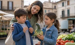 Un bambino esita davanti a un ortaggio insolito, mentre un’amica lo osserva curiosa.
