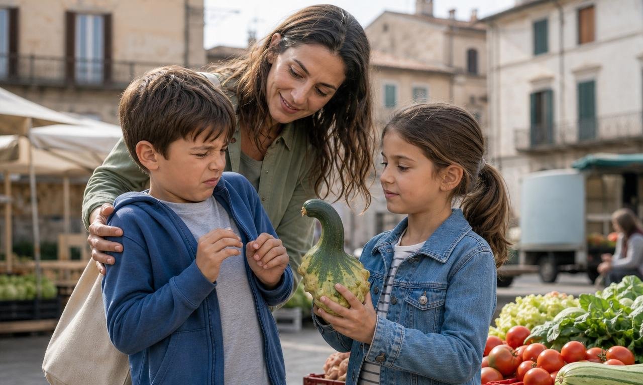 Un bambino esita davanti a un ortaggio insolito, mentre un’amica lo osserva curiosa.