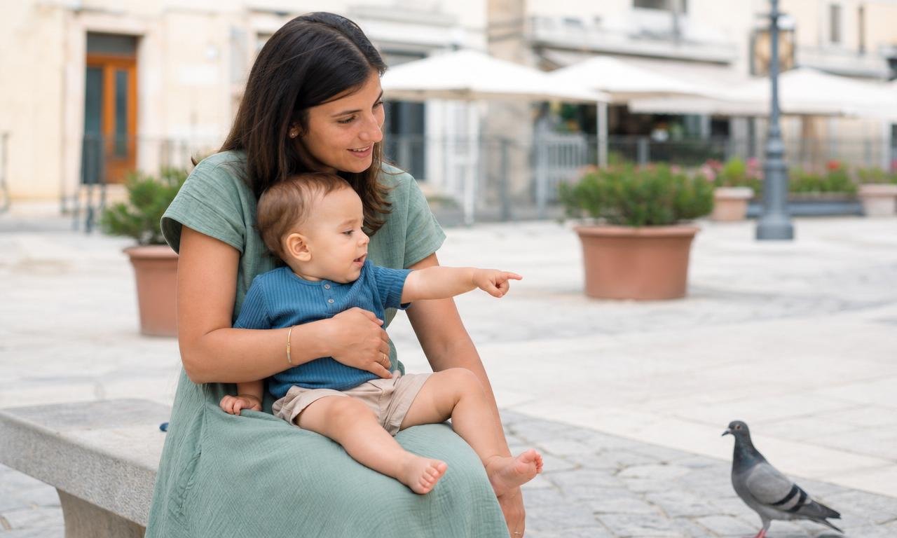 Bambino indica un piccione mentre il genitore segue con attenzione il suo gesto.