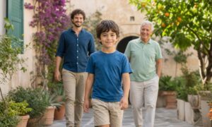 Un bambino cammina autonomamente tra un genitore e un nonno in un cortile italiano.