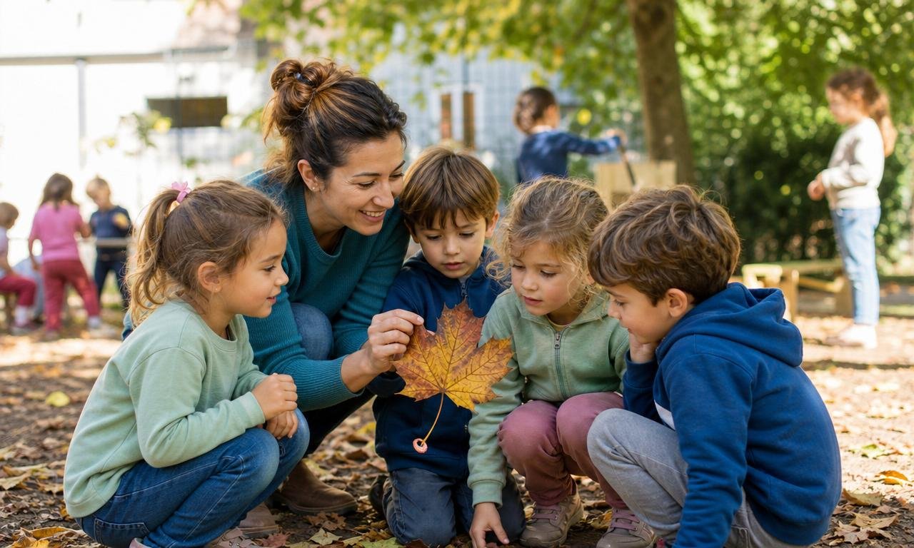 Insegnante guida un piccolo gruppo di bambini alla scoperta di una foglia.