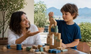 Un genitore elogia l’impegno del bambino mentre costruisce una struttura complessa.