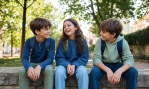 Tre amici sorridono insieme, mostrando come la gioia passa spontaneamente da uno all’altro.