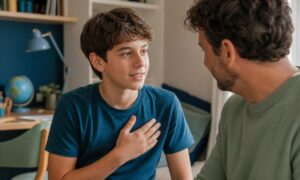 Un preadolescente parla con un genitore, esprimendo emozioni nella calda atmosfera familiare.