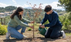 Due adolescenti si prendono cura insieme di un giovane albero colpito dalla siccità.