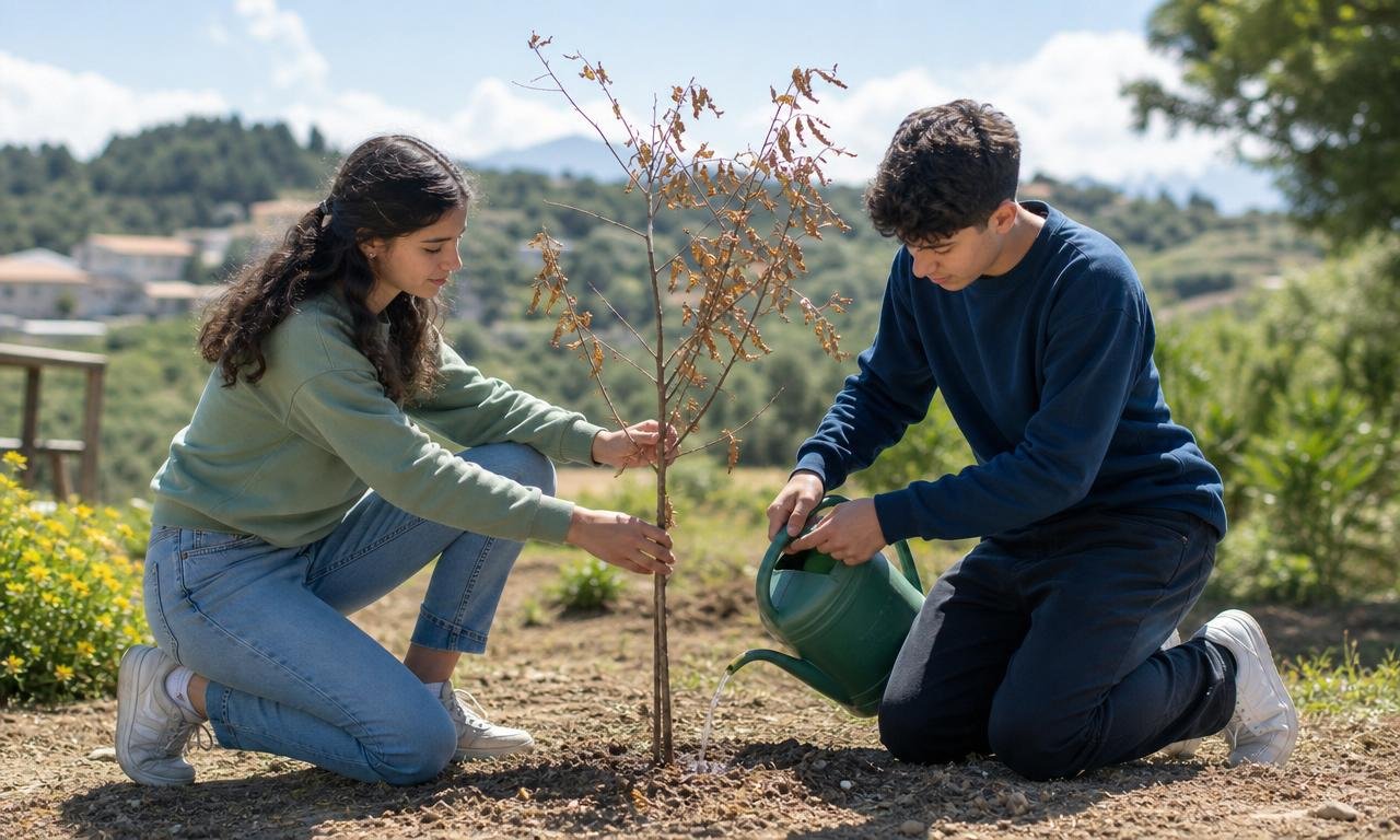 Due adolescenti si prendono cura insieme di un giovane albero colpito dalla siccità.