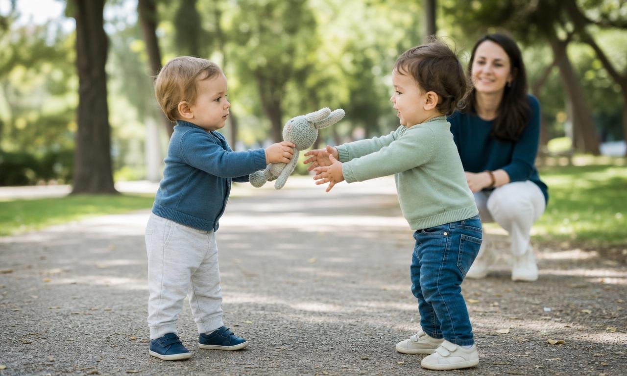 Un bambino molto piccolo restituisce spontaneamente un gioco a un coetaneo in difficoltà.