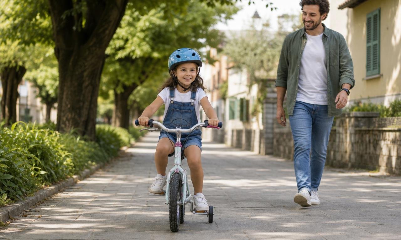 Un bambino esplora in bicicletta mentre un genitore lo osserva con fiducia.