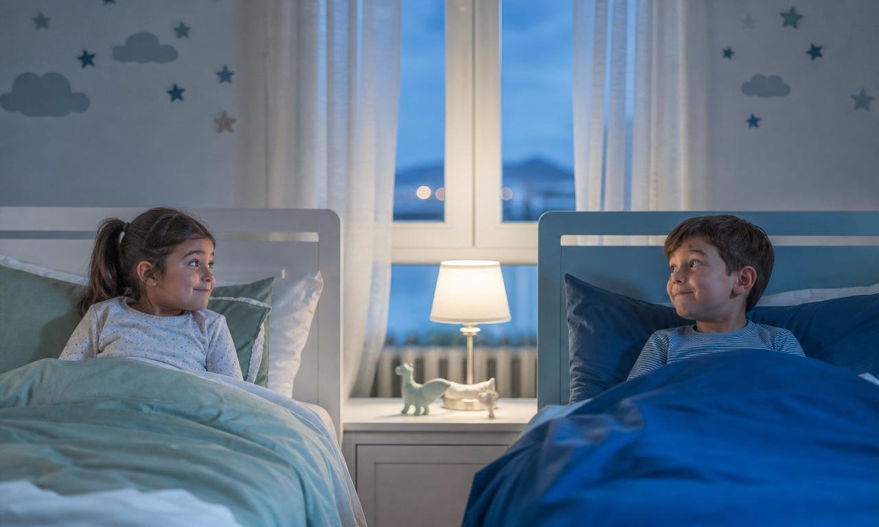 Due bambini a letto si guardano in silenzio nella luce blu della sera.