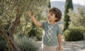 Bambino in un giardino italiano avvolto da luce e simboli delicati del DNA.