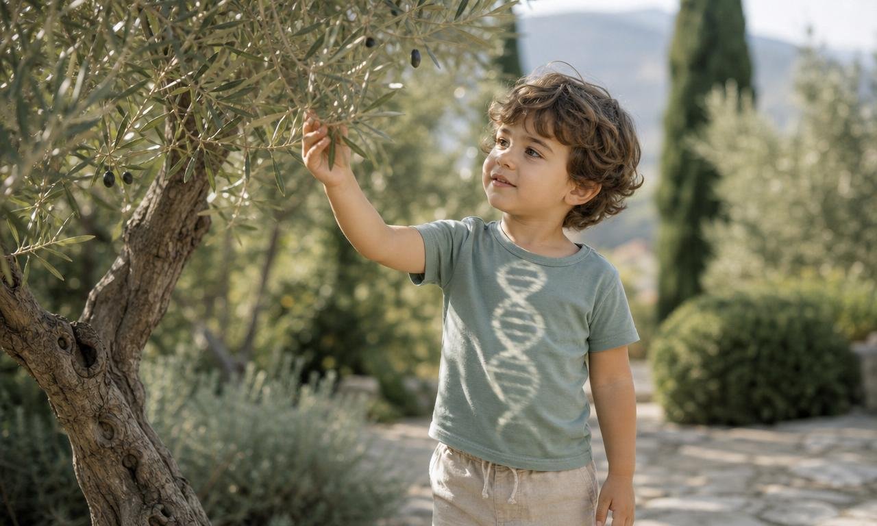 Bambino in un giardino italiano avvolto da luce e simboli delicati del DNA.