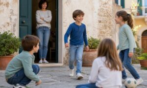 Un bambino lascia la soglia di casa e raggiunge i coetanei nel cortile.