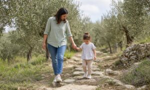 Un genitore e un bambino scelgono insieme il passo successivo tra gli ulivi.