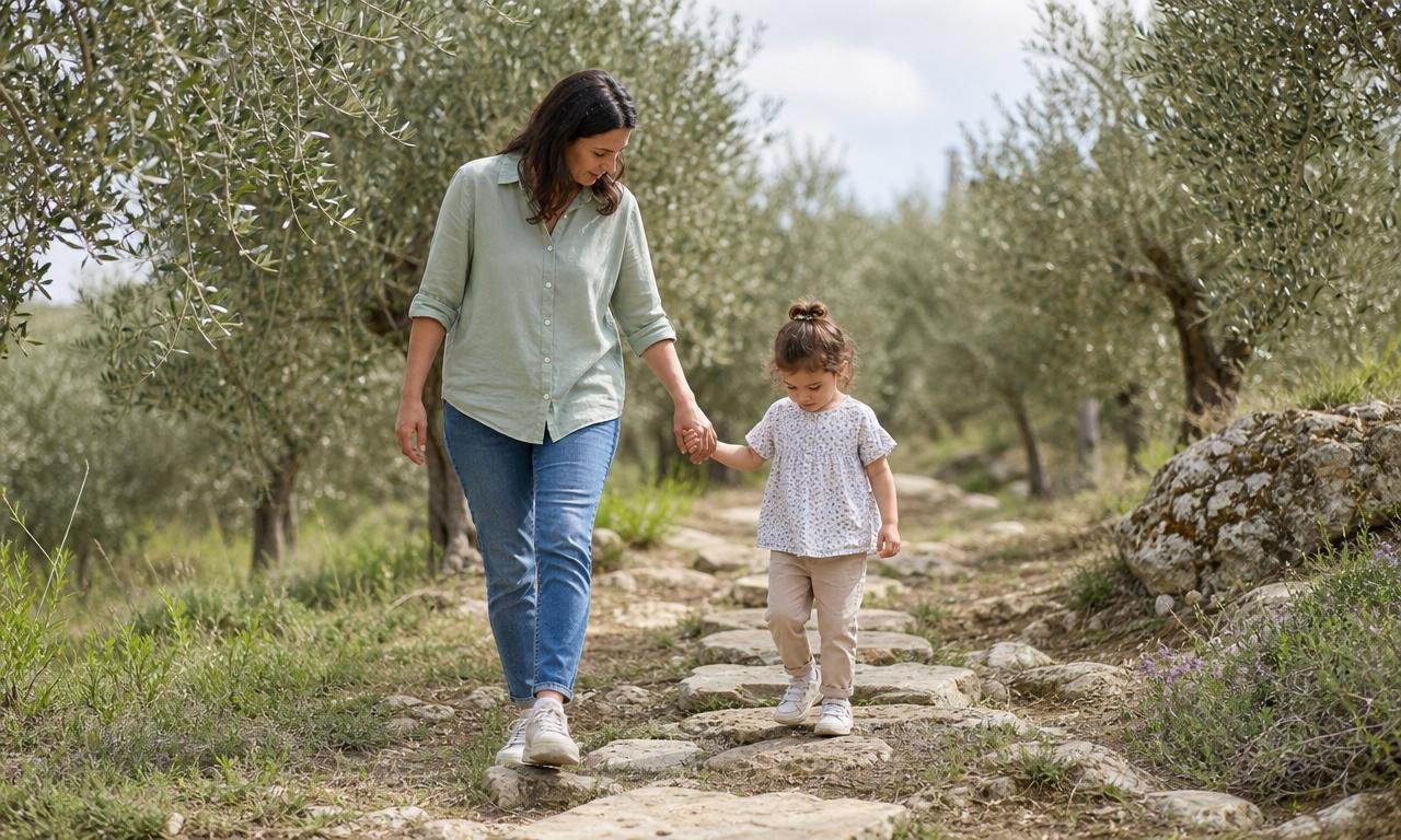 Un genitore e un bambino scelgono insieme il passo successivo tra gli ulivi.