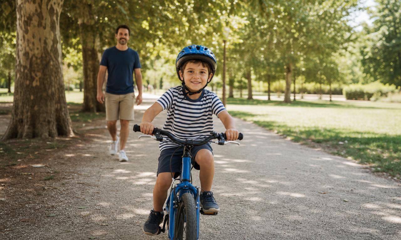 Un bambino pedala autonomamente mentre un genitore osserva con fiducia a distanza.