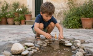 Bambino sperimenta percorsi diversi per un gioco, immaginando soluzioni senza rischi.