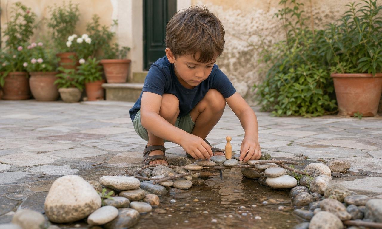 Bambino sperimenta percorsi diversi per un gioco, immaginando soluzioni senza rischi.