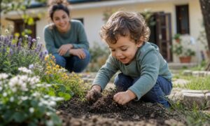 Bambino gioca con la terra in giardino, esplorando un ambiente naturale e non sterile.