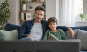 Un genitore e un bambino guardano insieme la televisione, seduti vicini sul divano.