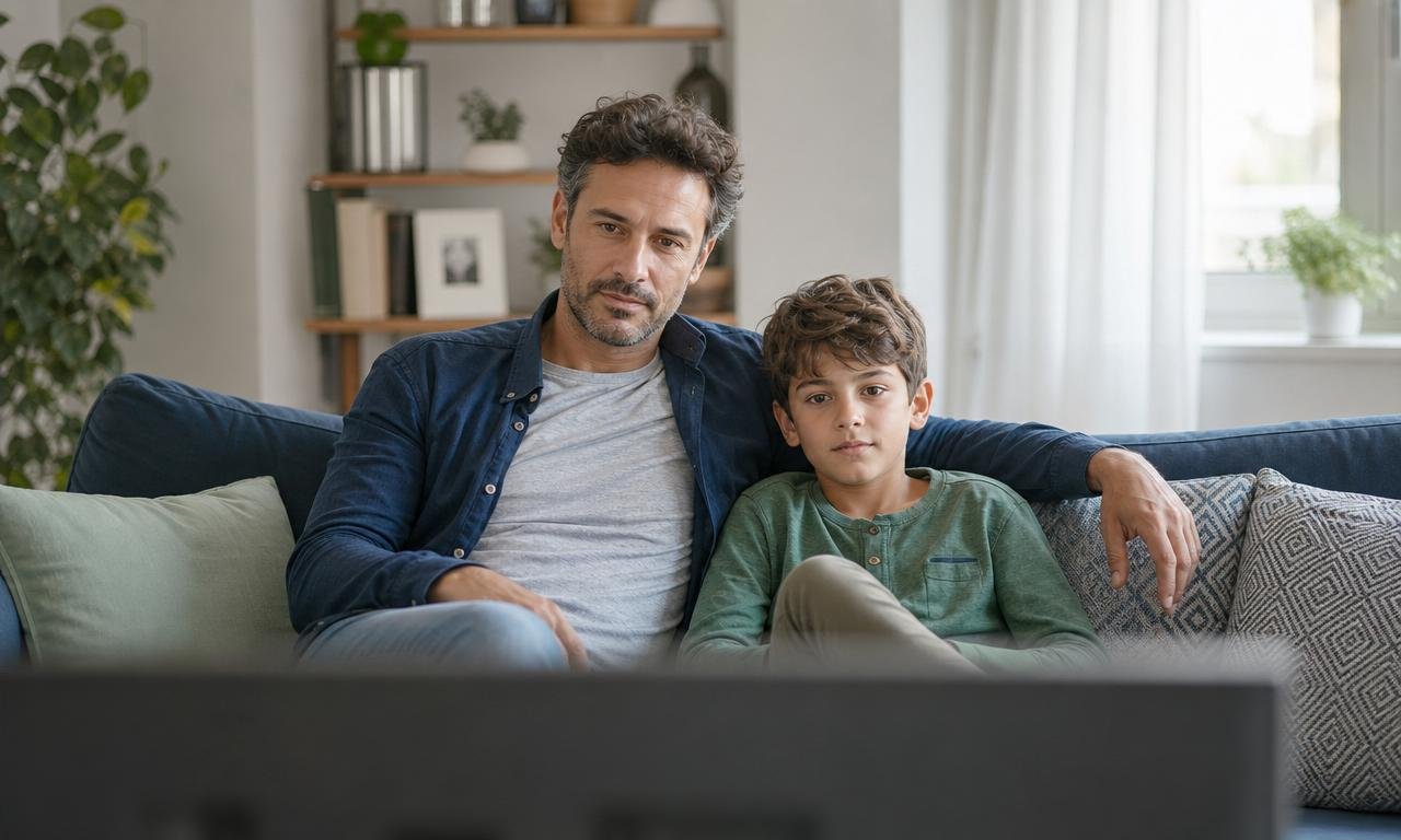 Un genitore e un bambino guardano insieme la televisione, seduti vicini sul divano.