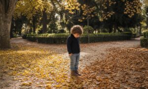 Un bambino osserva due scie di foglie incontrarsi casualmente in un giardino italiano.