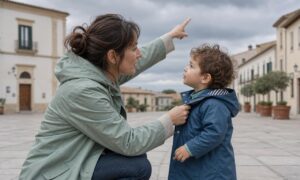 Un genitore parla al bambino, preparandolo insieme all’arrivo della pioggia.