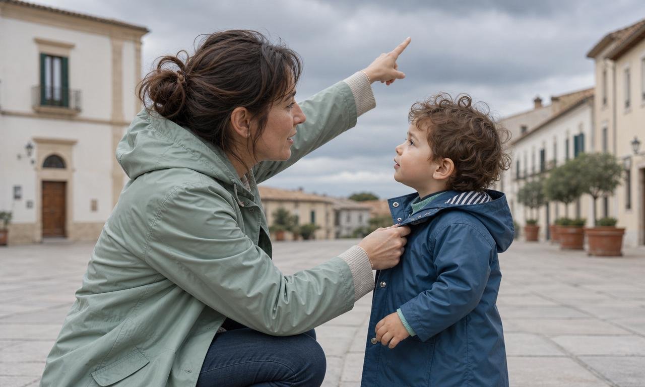 Un genitore parla al bambino, preparandolo insieme all’arrivo della pioggia.