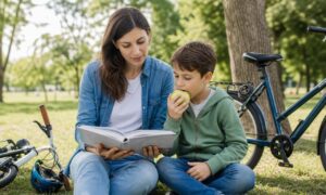 Una madre studia al parco mentre il figlio mangia una mela accanto a lei.