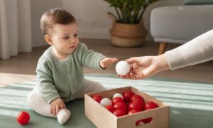 Un lattante osserva incuriosito una pallina bianca estratta tra molte palline rosse.