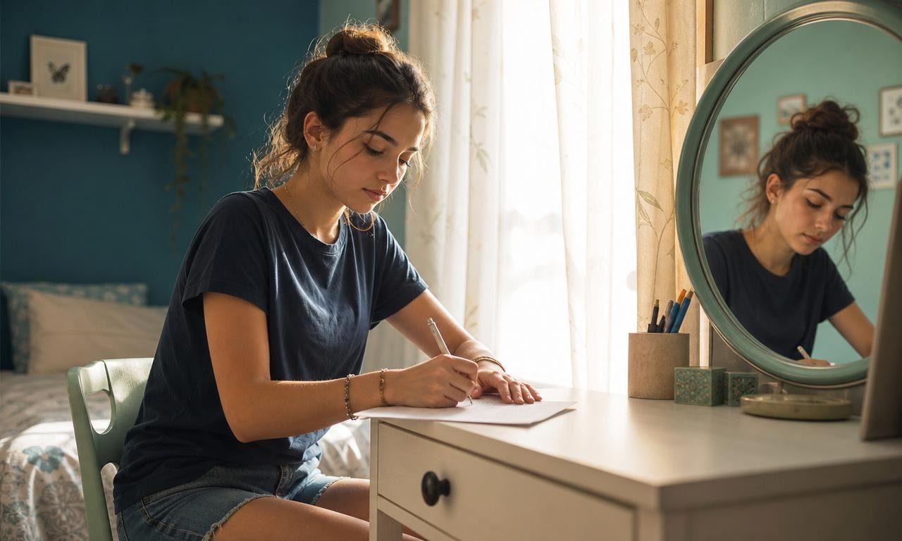 Adolescente scrive una lettera a se stessa guardandosi con gentilezza allo specchio.