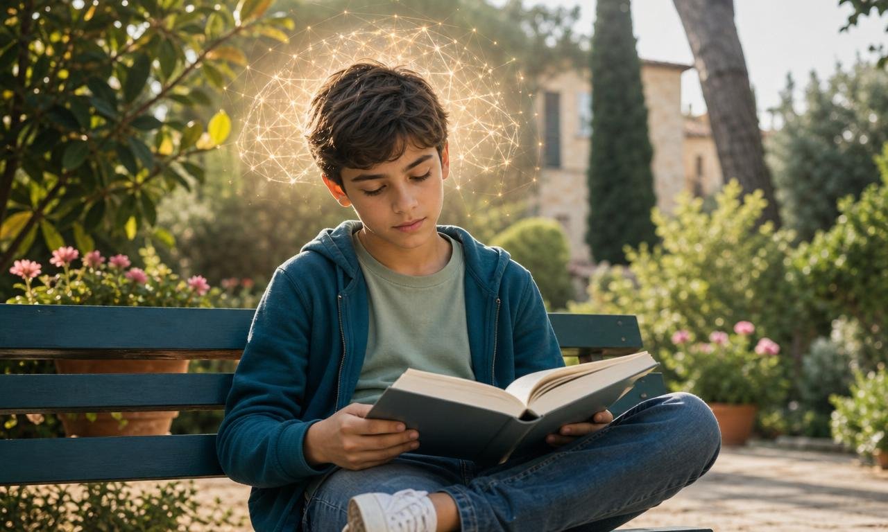 Bambino legge in giardino, avvolto da delicate connessioni neurali luminose.