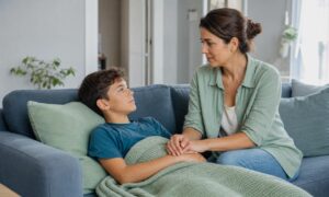 Un genitore tiene la mano del bambino, offrendo conforto durante un momento di dolore.