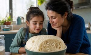 Bambino e genitore osservano l’impasto lievitato grazie all’azione di microbi utili.
