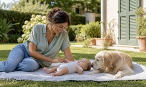 Un neonato in giardino riposa accanto al genitore e al cane di famiglia.