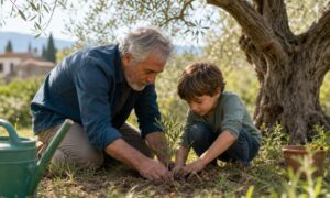 Un nonno e una bambina piantano insieme un giovane ulivo in giardino.