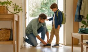 Un padre allaccia le scarpe al figlio prima di accompagnarlo a scuola.