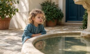 Bambino parla dolcemente al proprio riflesso e ritrova calma in un cortile.