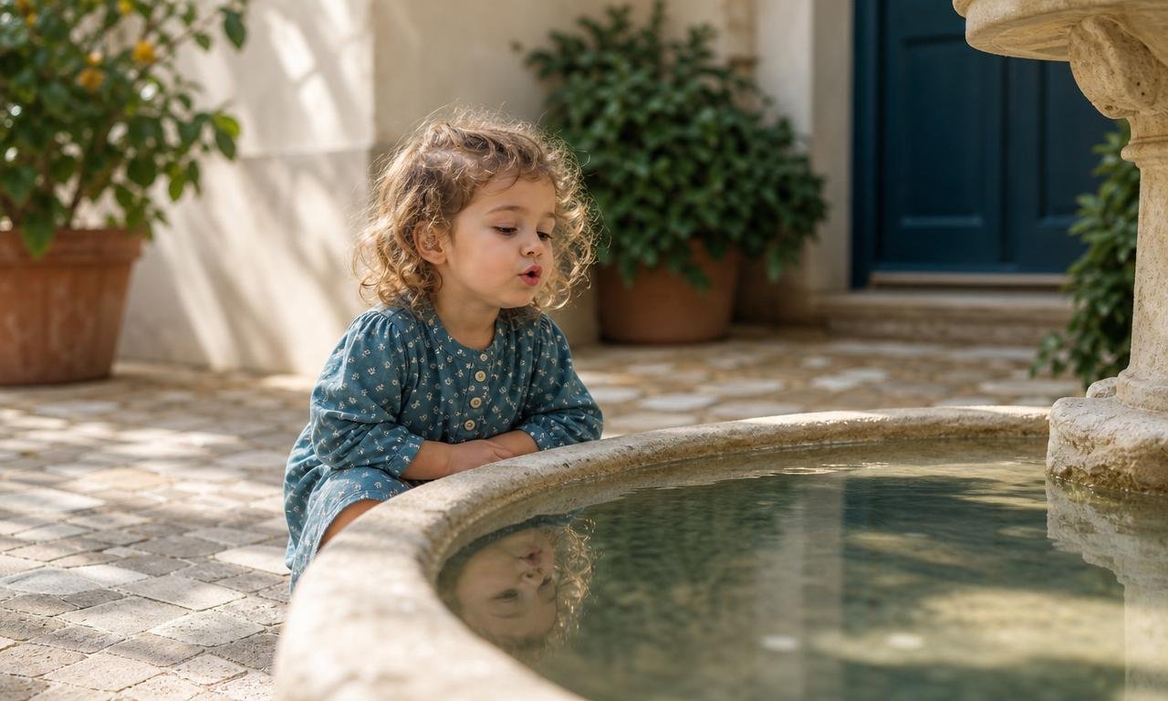 Bambino parla dolcemente al proprio riflesso e ritrova calma in un cortile.