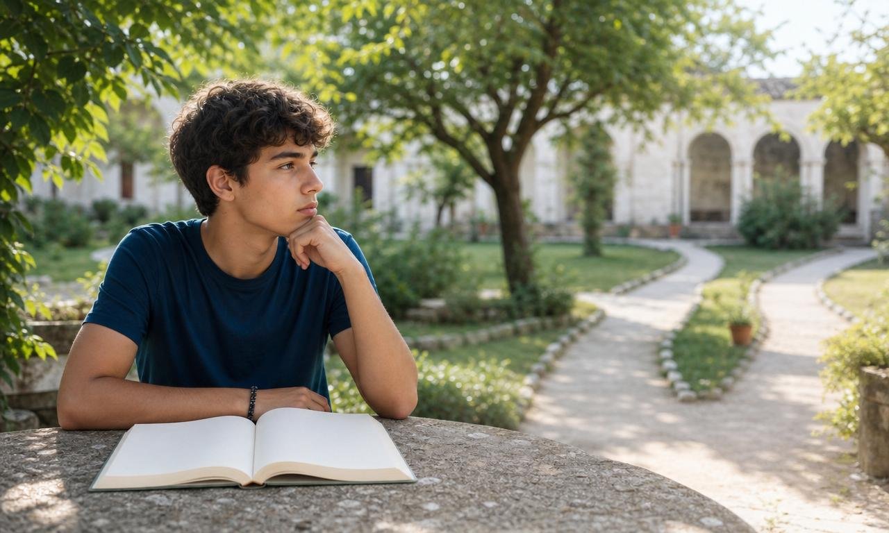 Un adolescente riflette su un libro aperto in un tranquillo chiostro italiano.