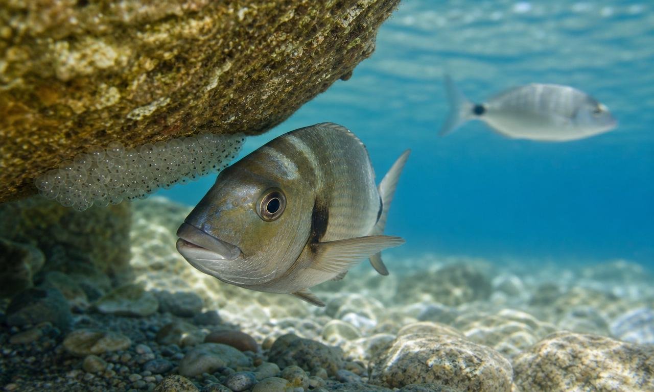 Un pesce padre sorveglia le uova tra le rocce del fondale marino.