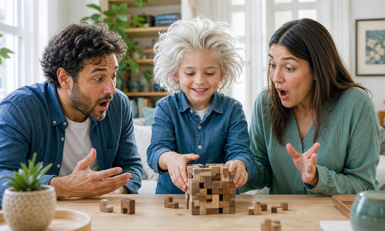 Bimbo di quattro anni risolve un enigma mentre i genitori lo guardano increduli.