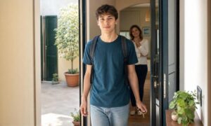 Giovane adulto sulla soglia di casa, sospeso tra autonomia e dipendenza familiare.