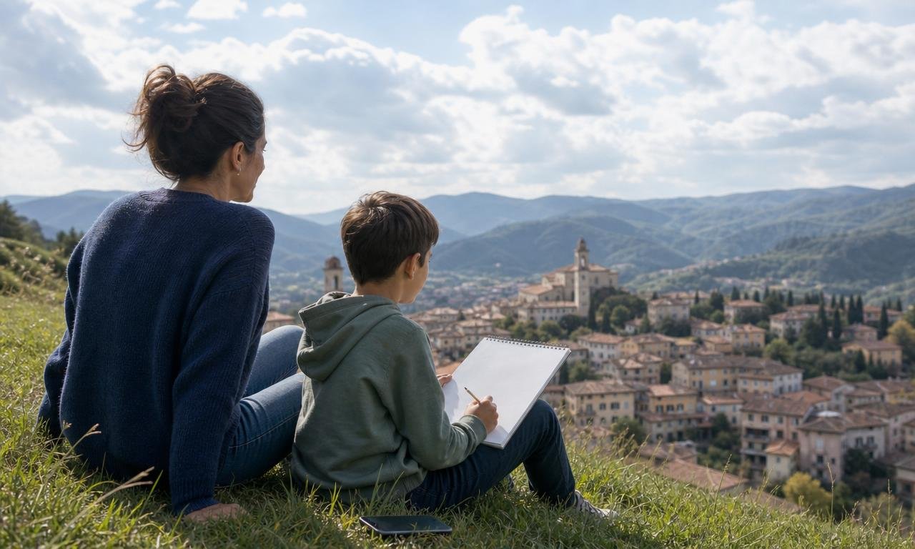 Bambino e genitore osservano le nuvole, usando la tecnologia senza rinunciare al pensiero.
